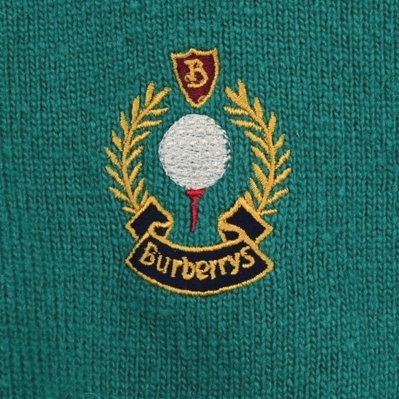 BURBERRYS XL Green 100% Pure Lambswool Golf Emblem Sweater Scotland Classic